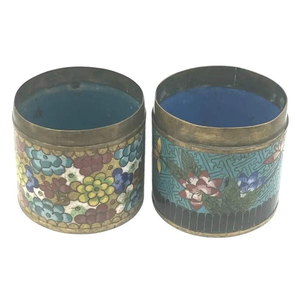 Pair of Antique Cloissone Enamel on Brass Floral Jars No Lids 19th Century